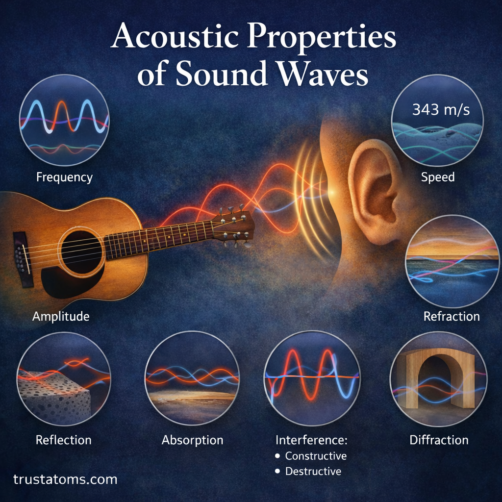 Illustration of acoustic properties of sound waves showing frequency, amplitude, speed, reflection, absorption, refraction, diffraction, and interference.