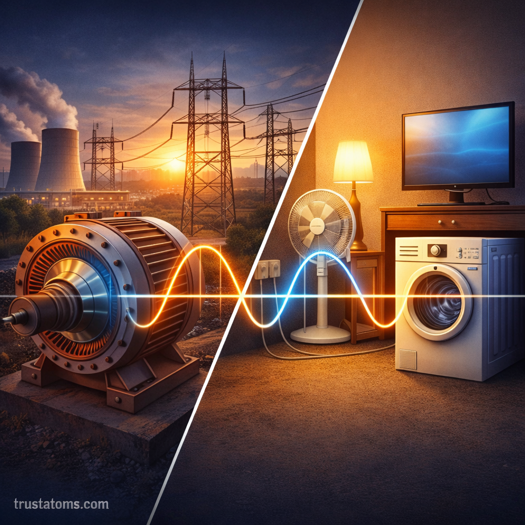 Diagonal split illustration showing AC generator and transmission lines on one side and household appliances powered by alternating current on the other.