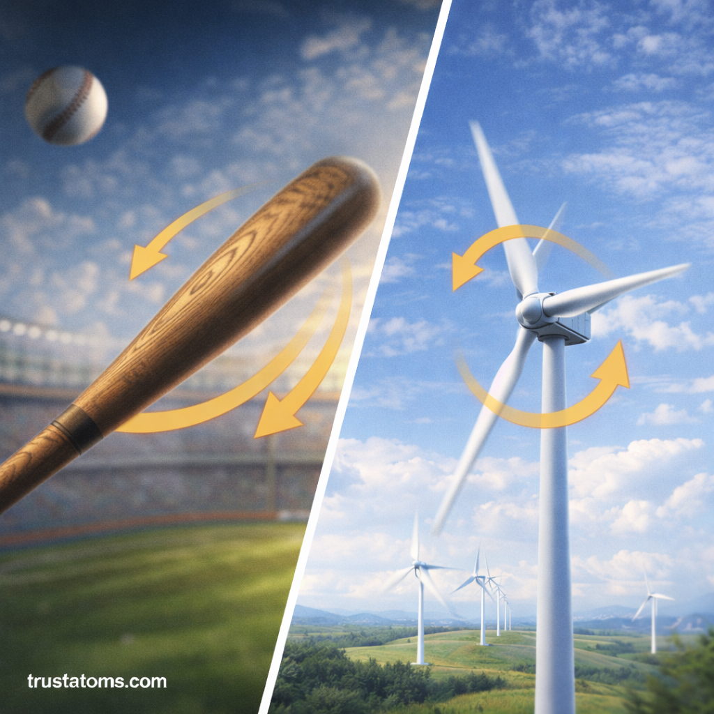 Split illustration showing a spinning baseball bat in motion and rotating wind turbines, demonstrating angular acceleration in real-world rotational systems.