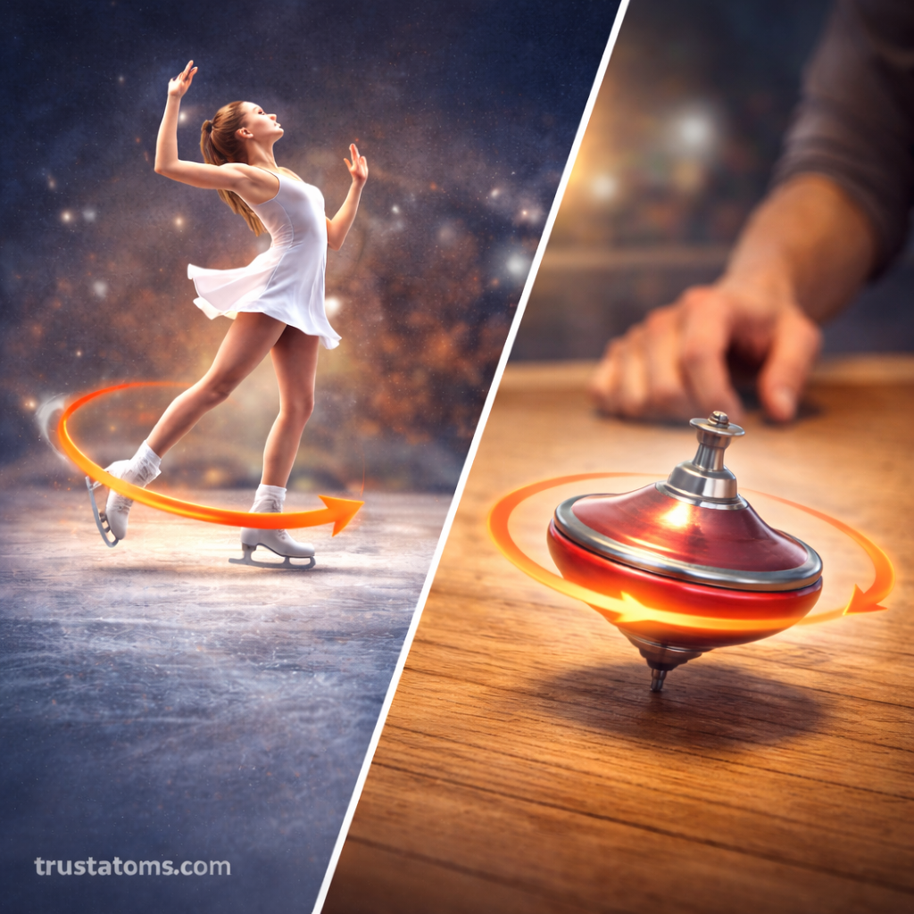 Diagonal split illustration showing a spinning figure skater and a rotating spinning top, demonstrating angular momentum and rotational motion, with trustatoms.com watermark.