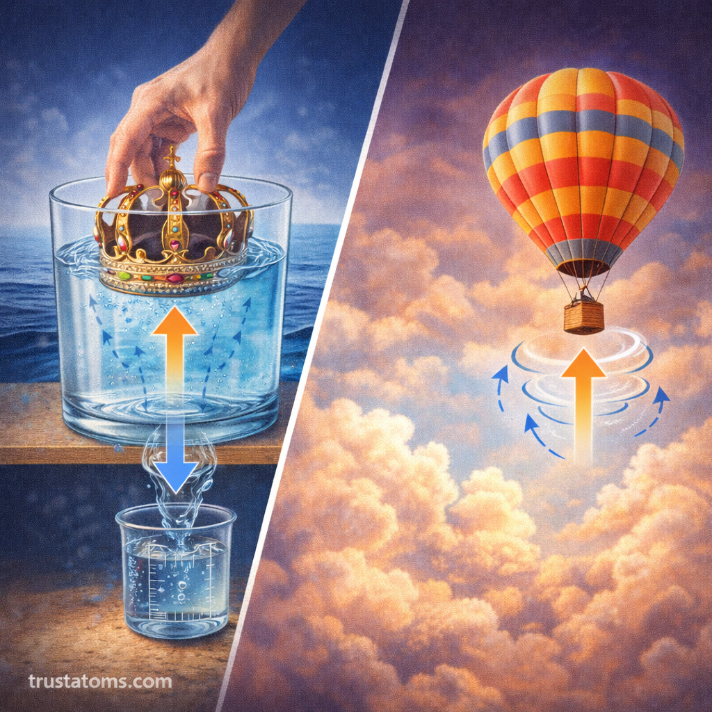 Diagonal split illustration showing a crown displacing water in a glass on one side and a hot air balloon rising in air on the other, with trustatoms.com watermark.