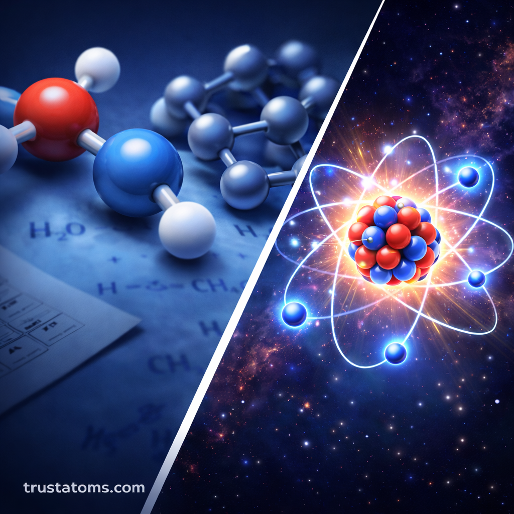 Diagonal split illustration showing molecular bonding models on one side and a glowing atomic structure with electrons orbiting a nucleus on the other.