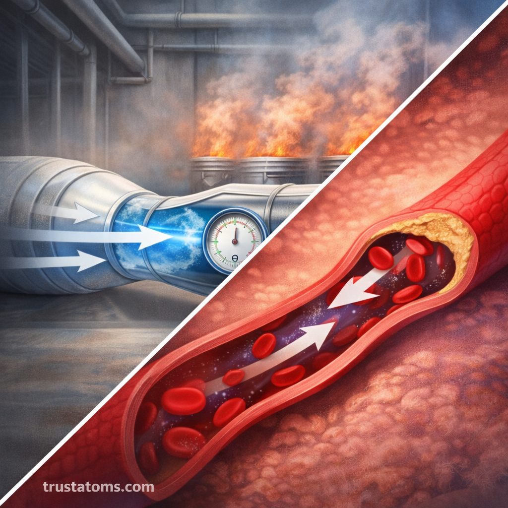 Split illustration showing air accelerating through an industrial duct and blood speeding through a narrowed artery, demonstrating Bernoulli’s principle in real-world systems.