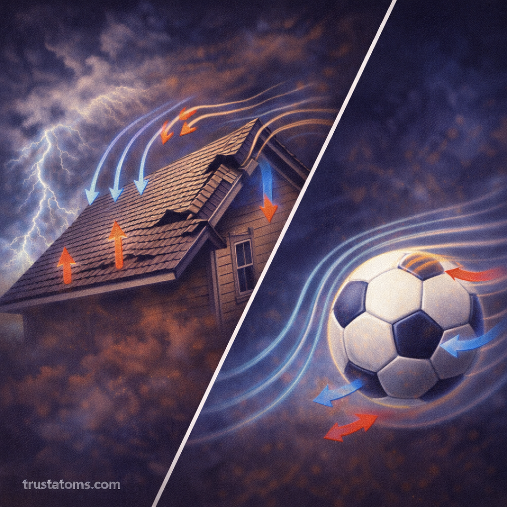 Diagonal split illustration showing wind lifting a roof during a storm and airflow curving around a spinning soccer ball, demonstrating Bernoulli’s Principle, with trustatoms.com watermark.