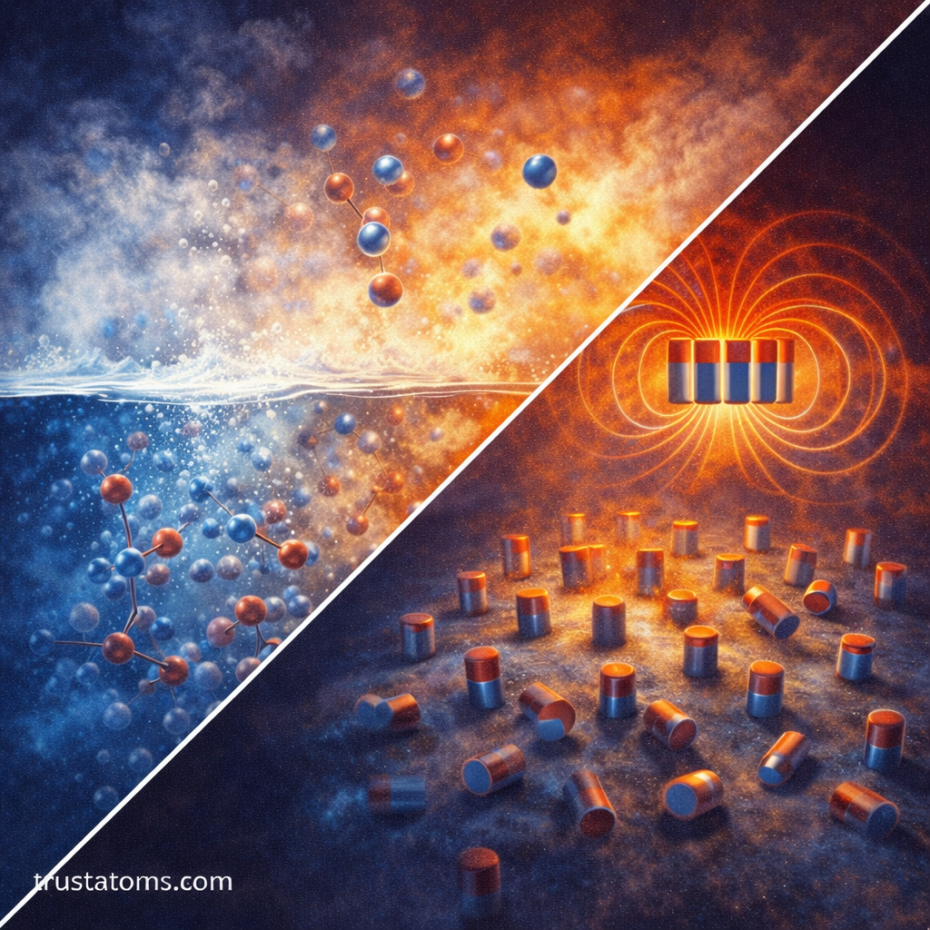 Diagonal split illustration showing boiling water molecules transitioning to gas and a magnetic material shifting from aligned to disordered state, trustatoms.com.