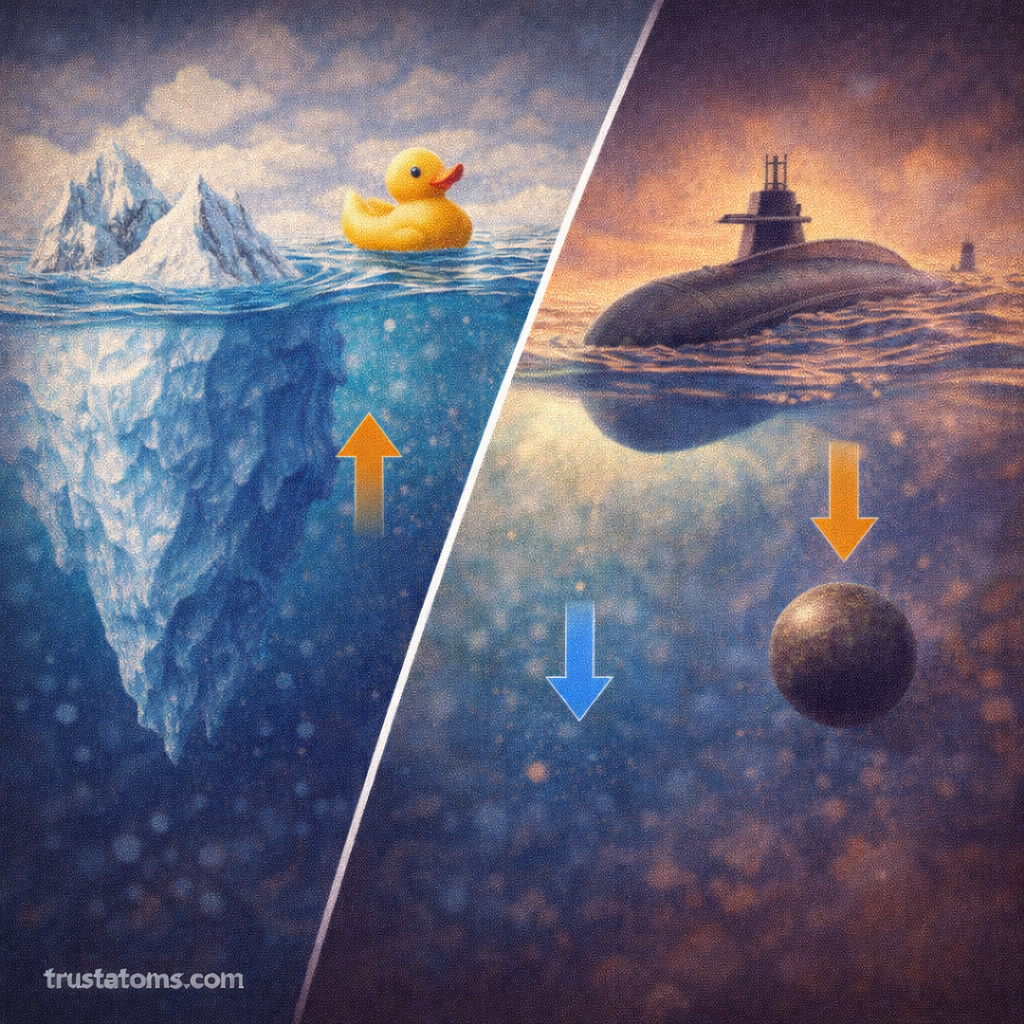 Diagonal split illustration showing a floating rubber duck and iceberg on one side and a submarine with a sinking metal sphere on the other, demonstrating buoyancy, with trustatoms.com watermark.