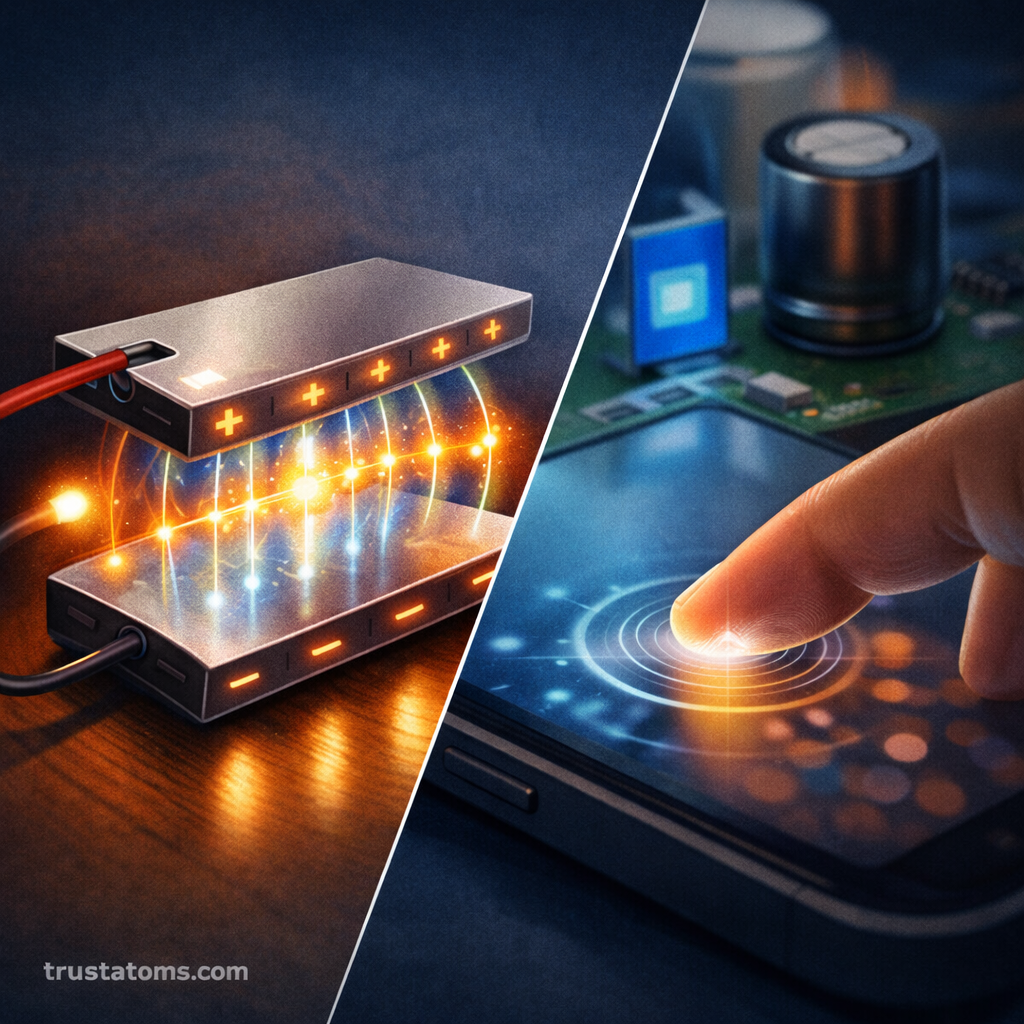 Split illustration showing a parallel plate capacitor storing charge on one side and a finger interacting with a capacitive touchscreen on the other.