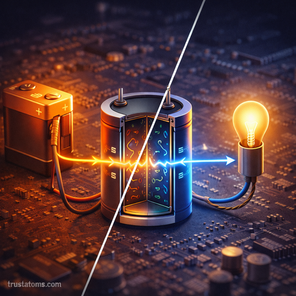 Diagonal split illustration showing a capacitor charging from a battery on one side and discharging to power a light bulb on the other.