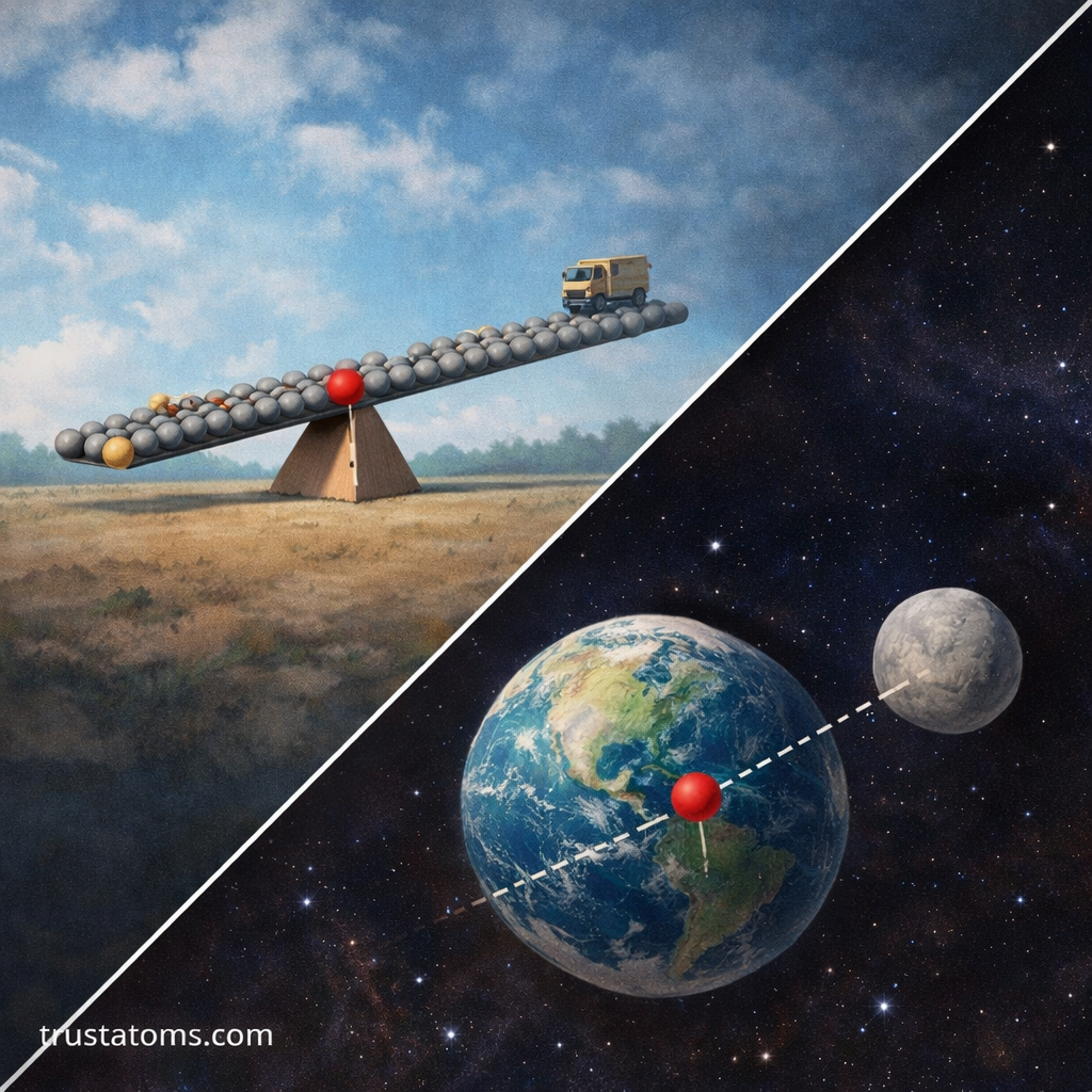 Split diagonal illustration showing center of mass in a balanced beam system and the Earth–Moon barycenter in space, educational physics concept, trustatoms.com.