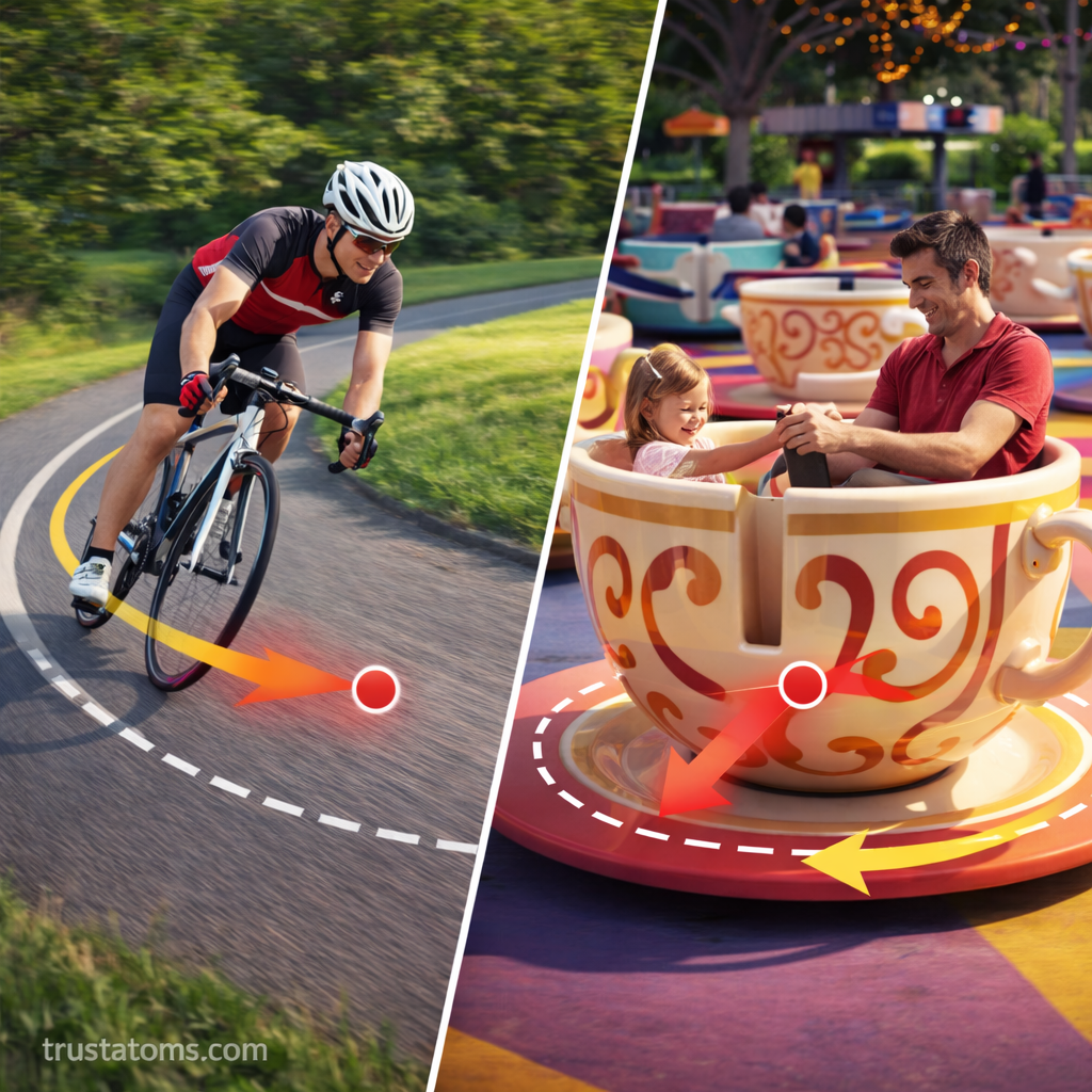 Real-life examples of centripetal force shown through a cyclist turning and a spinning amusement ride. trustatoms.com