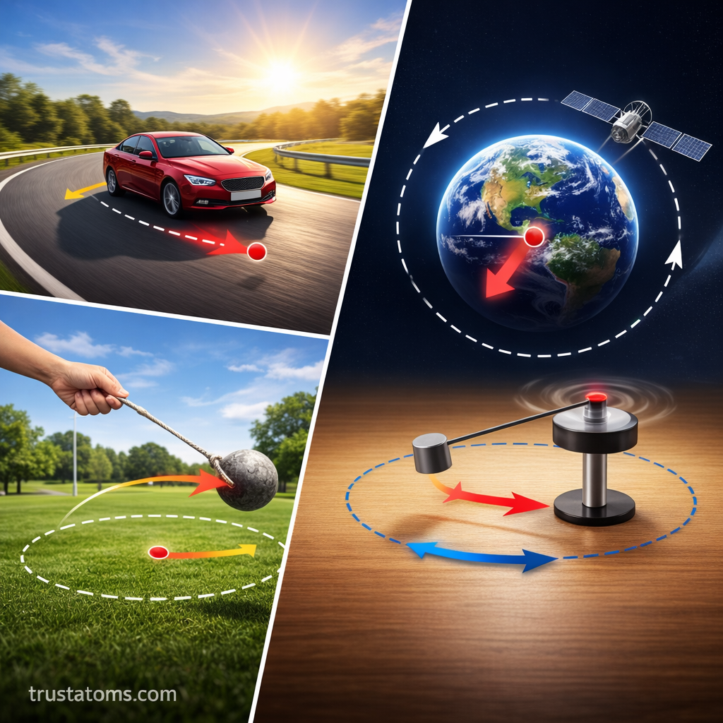 Split diagram showing a car turning, a ball on a string, a satellite orbiting Earth, and a rotating device to illustrate circular motion and inward force, with trustatoms.com watermark.