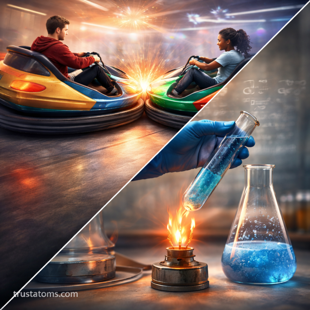 Diagonal split illustration showing bumper cars colliding and a chemical reaction in a lab to represent conservation laws in isolated systems, trustatoms.com.