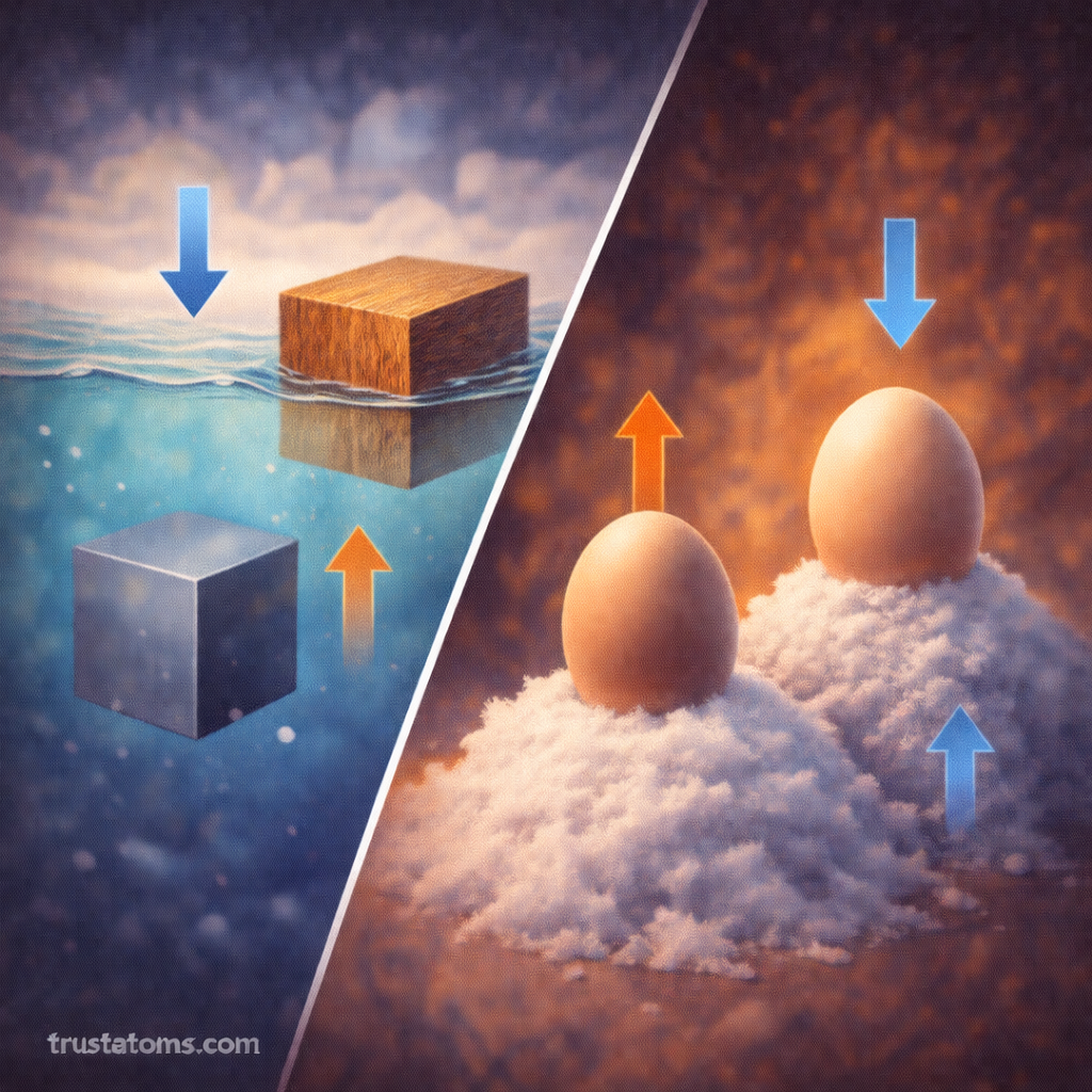 Diagonal split illustration showing a wooden block floating and a metal cube sinking in water on one side, and two eggs reacting differently in salt on the other, with trustatoms.com watermark.