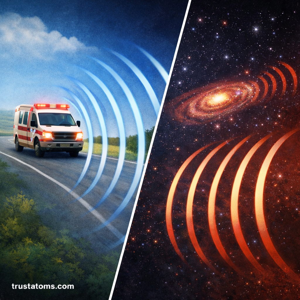 Split diagram illustration showing compressed sound waves from an approaching ambulance on one side and stretched light waves from a receding galaxy on the other.