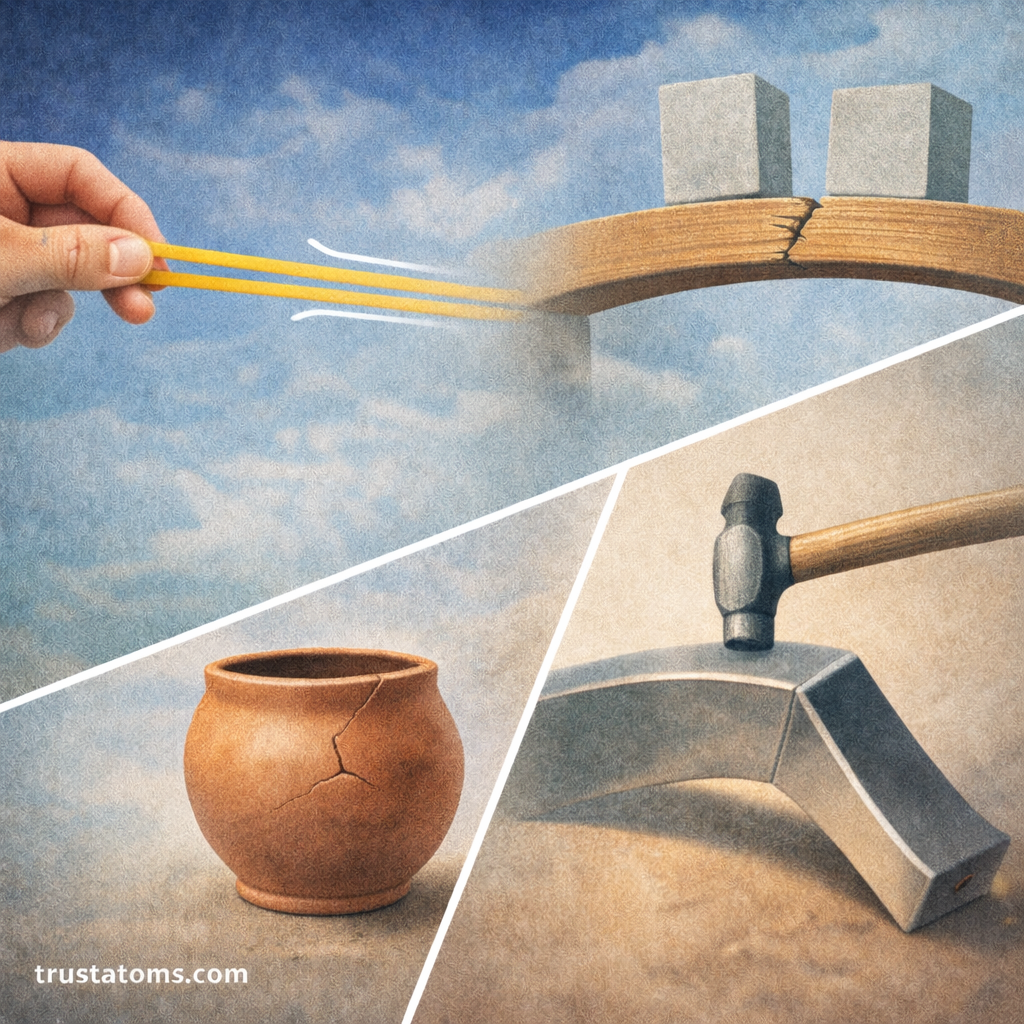 Split illustration showing a stretched rubber band, bending wooden beam under weight, cracked clay pot, and permanently bent metal bar with trustatoms.com watermark.