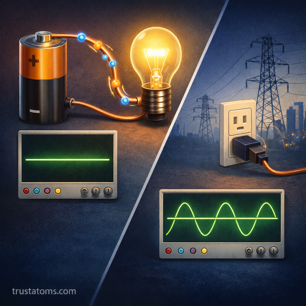 Split diagram illustration comparing direct current from a battery with alternating current from a wall outlet and power lines.