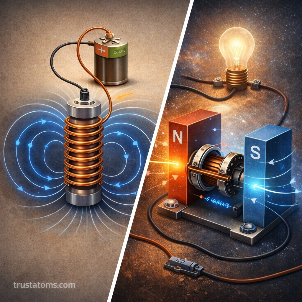 Diagonal split educational illustration showing an electromagnet powered by a battery on one side and a simple motor between north and south magnets lighting a bulb on the other, with trustatoms.com watermark.