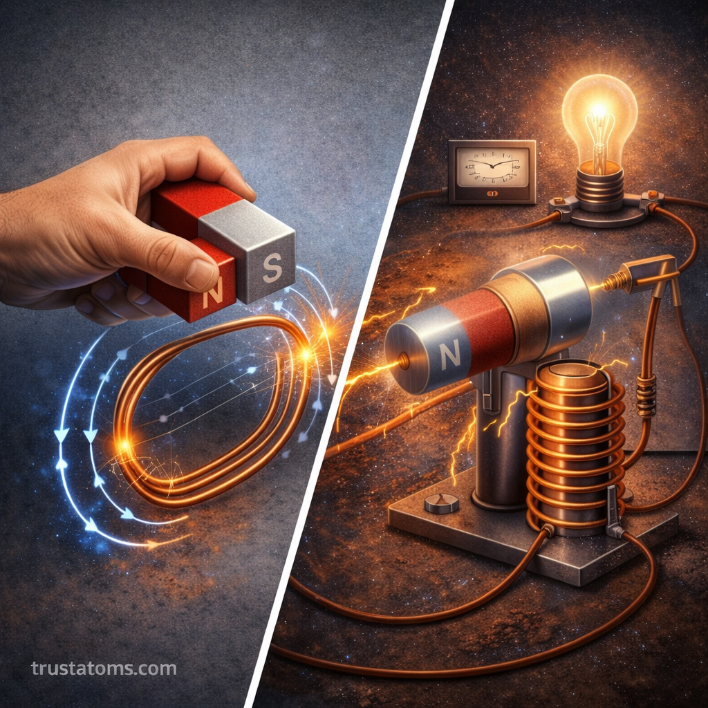 Diagonal split illustration showing a magnet moving near a copper wire loop on one side and a rotating magnet with coil lighting a bulb on the other, demonstrating electromagnetic induction, with trustatoms.com watermark.