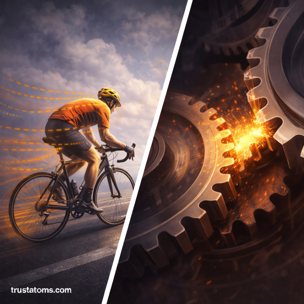 Split illustration showing a cyclist experiencing air resistance and mechanical gears producing friction sparks, demonstrating energy dissipation in non-conservative systems.