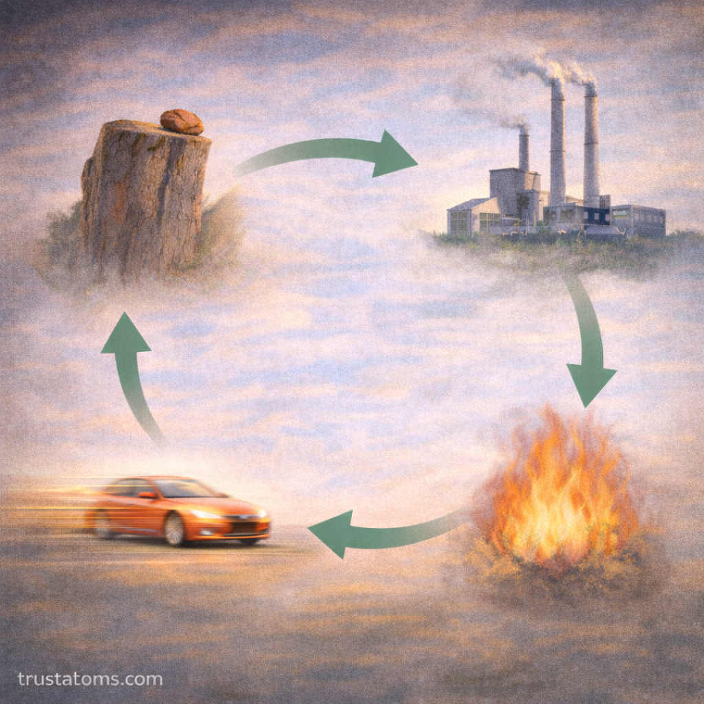 Physics diagram illustrating the conservation of energy through transformation between gravitational, kinetic, thermal, and electrical energy.
