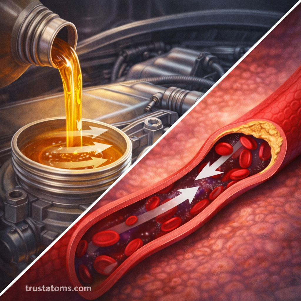 Diagonal split illustration showing thick engine oil flowing into machinery and blood moving through a narrowed vessel to demonstrate viscosity and shear stress in fluids.