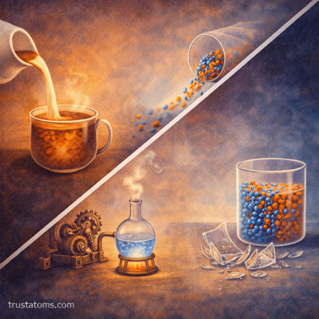 Split illustration showing cream mixing into coffee, particle diffusion in a container, a heat engine setup, and broken glass representing irreversible processes.