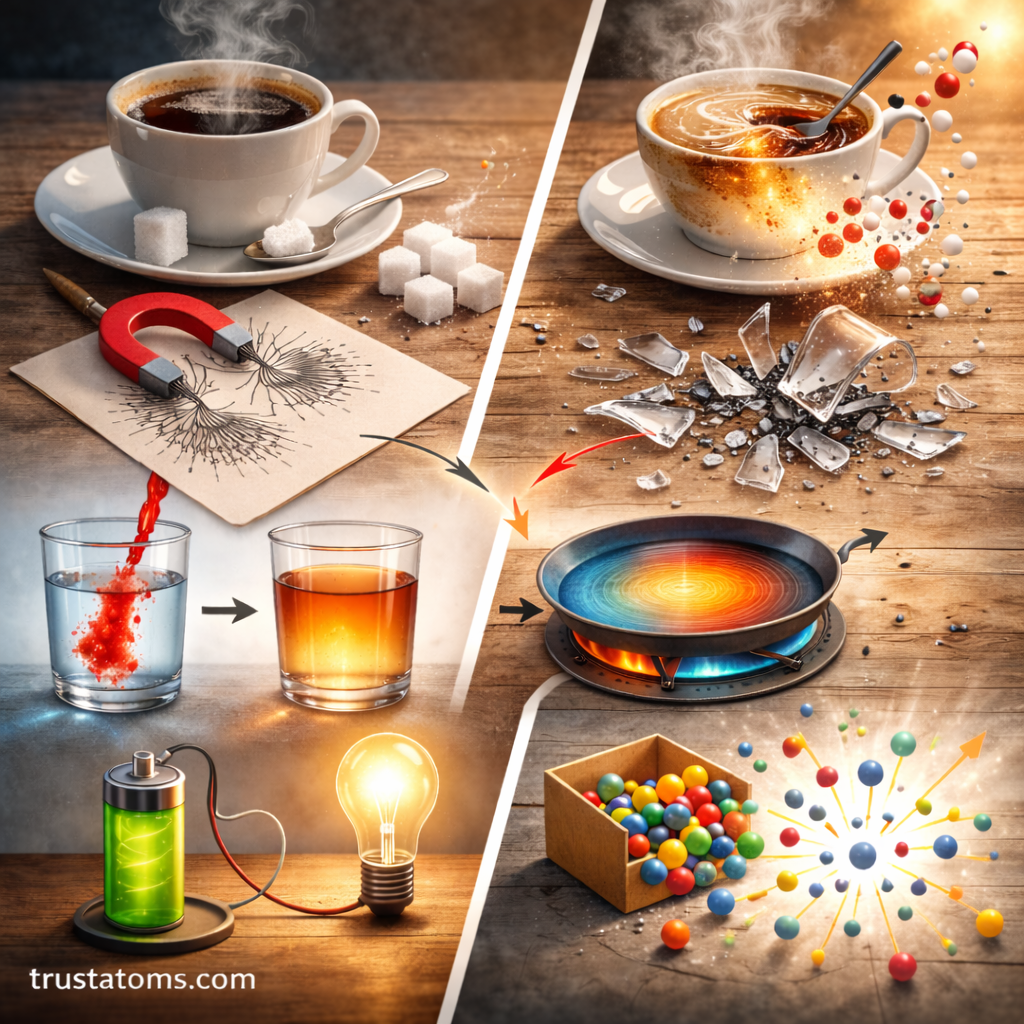 Diagonal split illustration showing organized objects like sugar cubes, aligned metal filings, and separated liquids contrasted with scattered glass, mixed particles, and dispersed energy representing entropy.