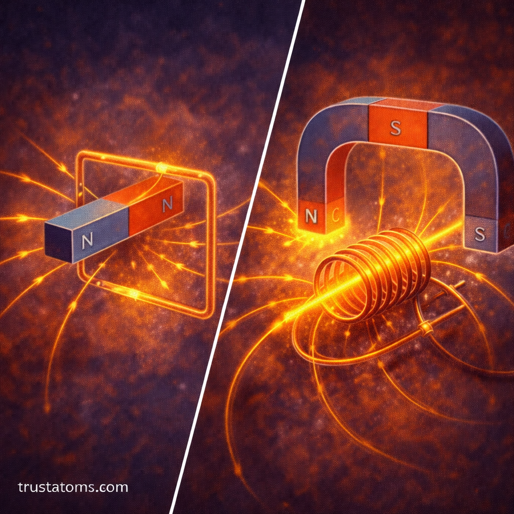 Diagonal split illustration showing a bar magnet moving through a wire loop and a rotating coil inside a magnetic field to demonstrate electromagnetic induction, trustatoms.com.