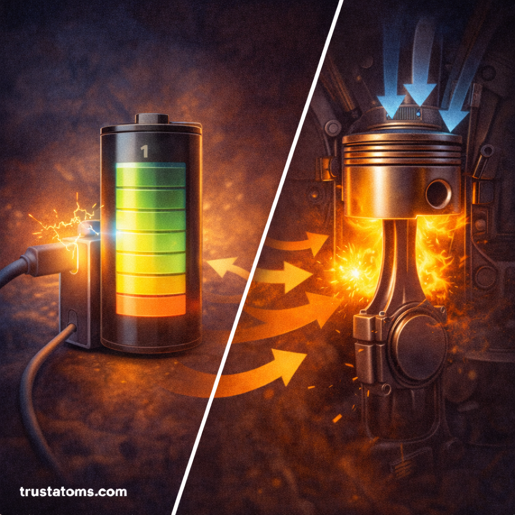 Split illustration showing electrical energy charging a battery on one side and expanding gas pushing a piston on the other, demonstrating energy transfer and work.
