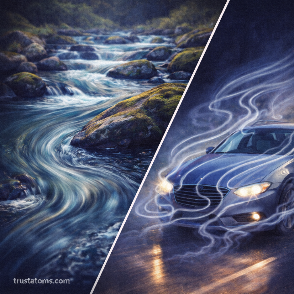 Diagonal split illustration showing smooth river flow on one side and turbulent airflow around a moving car on the other, with trustatoms.com watermark.