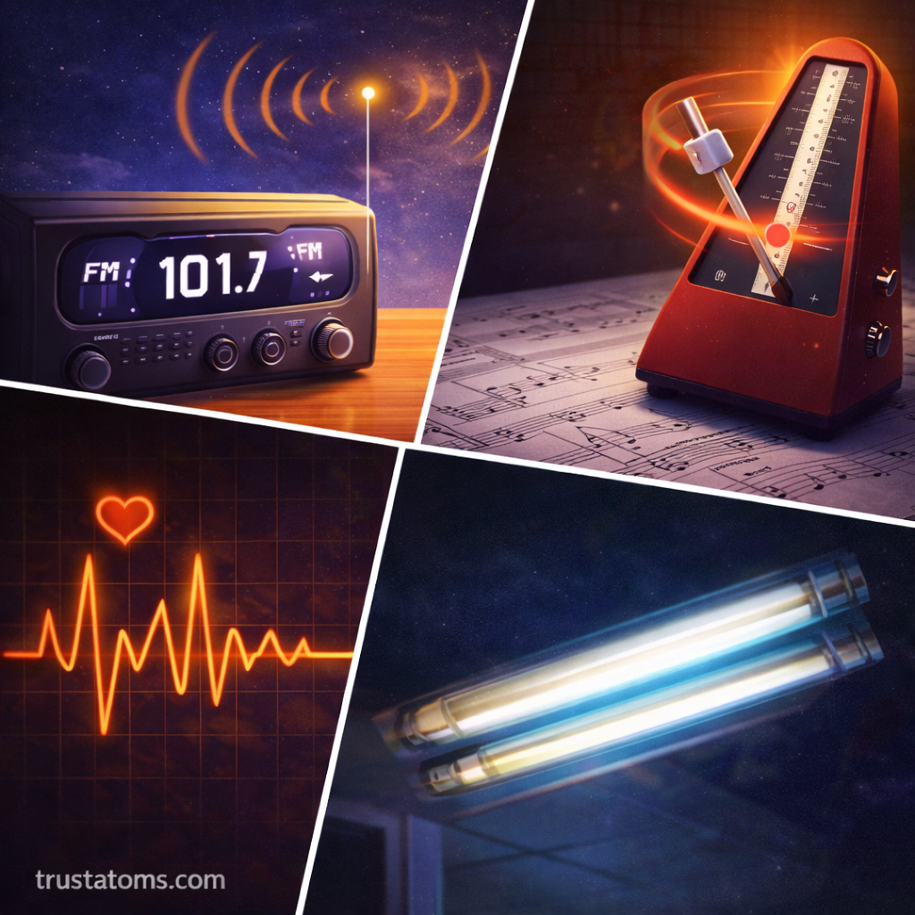 Diagonal split illustration showing an FM radio signal, a swinging metronome, a heartbeat waveform, and fluorescent lights to represent different examples of frequency, with trustatoms.com watermark.