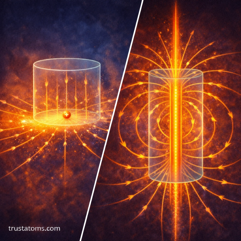 Diagonal split illustration showing electric field around a charged plane and a long line charge with cylindrical Gaussian surfaces, trustatoms.com.