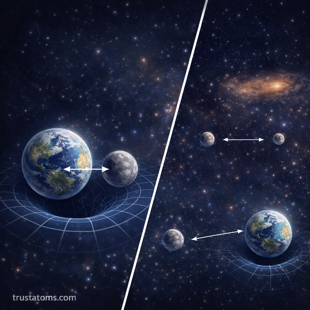Diagonal split diagram comparing strong and weak gravitational attraction based on distance between Earth and the Moon, with trustatoms.com watermark.