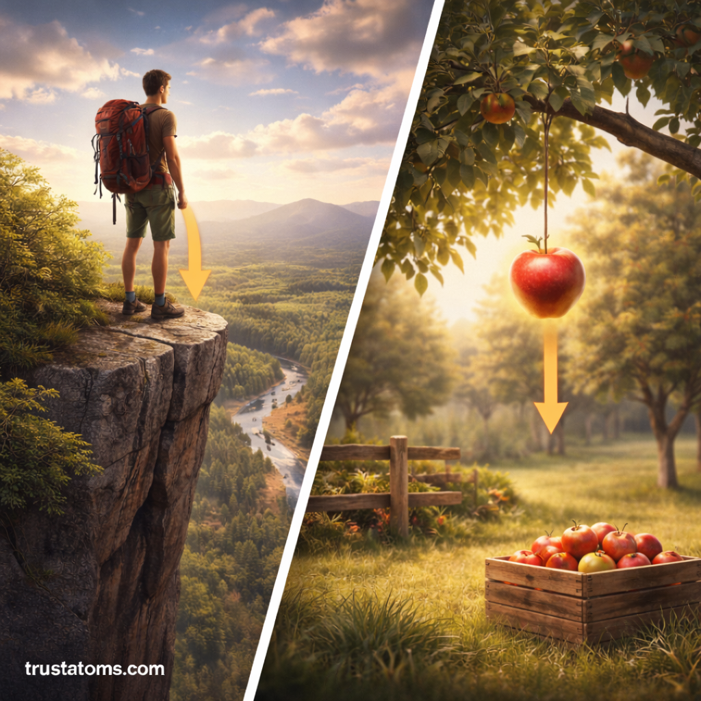 Split illustration showing a hiker standing on a high cliff and an apple falling from a tree, demonstrating gravitational potential energy in everyday situations.