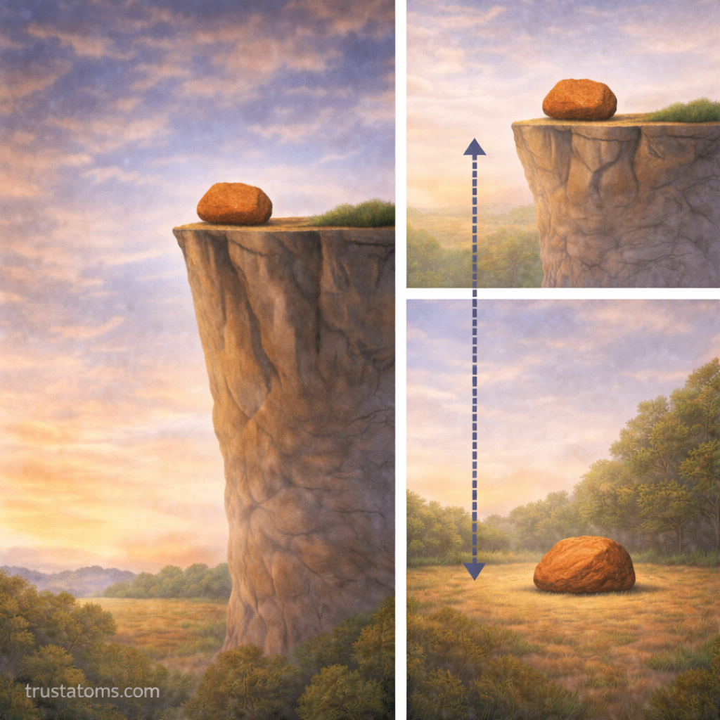 Split illustration showing a rock at the top of a cliff and the same rock on the ground to visually explain how height affects gravitational potential energy.
