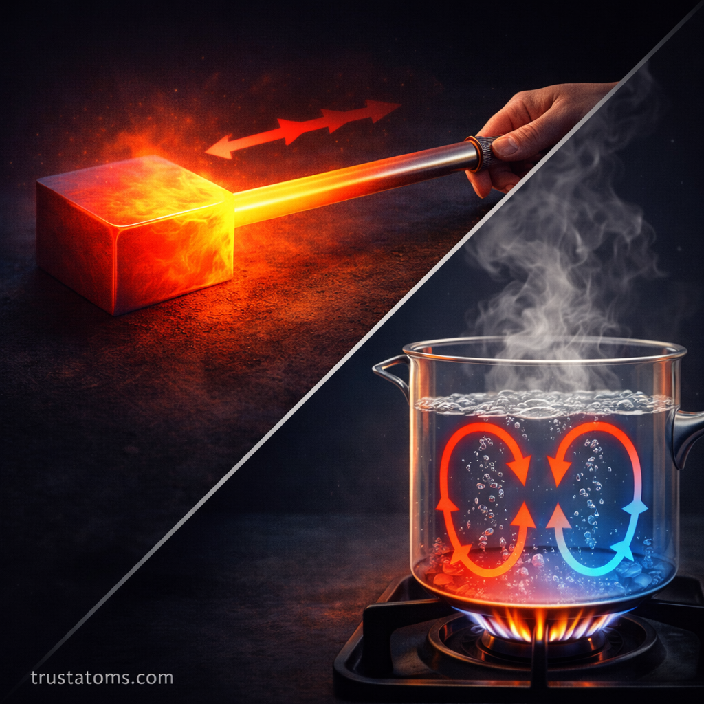 Split diagram showing heat transfer through conduction in a heated metal rod and convection currents in boiling water.
