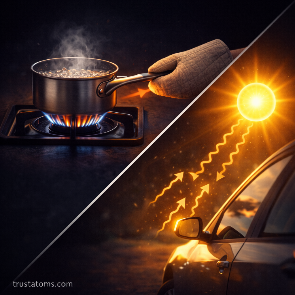 Diagonal split illustration showing conduction with a heated stovetop pot and radiation from sunlight warming a car.