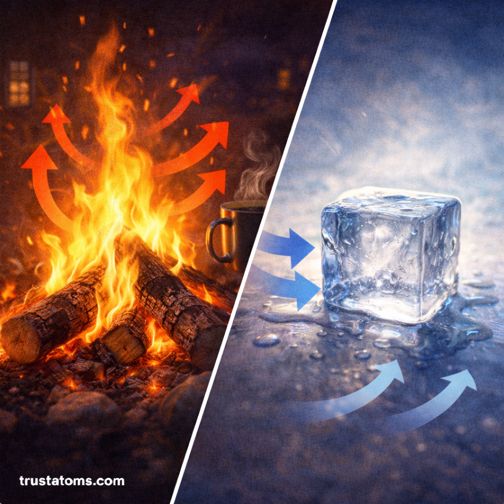Split illustration showing heat rising from a campfire and an ice cube melting as heat flows into it, demonstrating thermodynamic heat transfer.