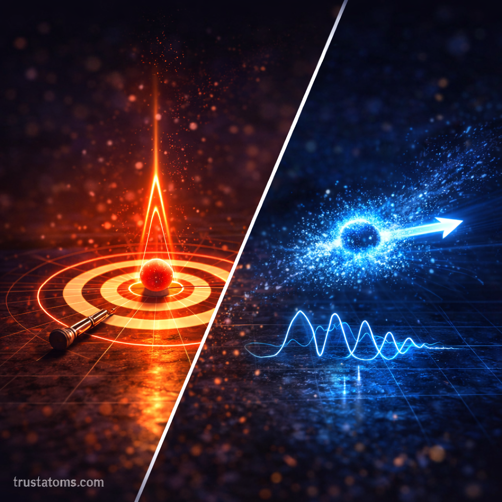Diagonal split illustration contrasting precise particle position with uncertain momentum in a quantum physics visualization.