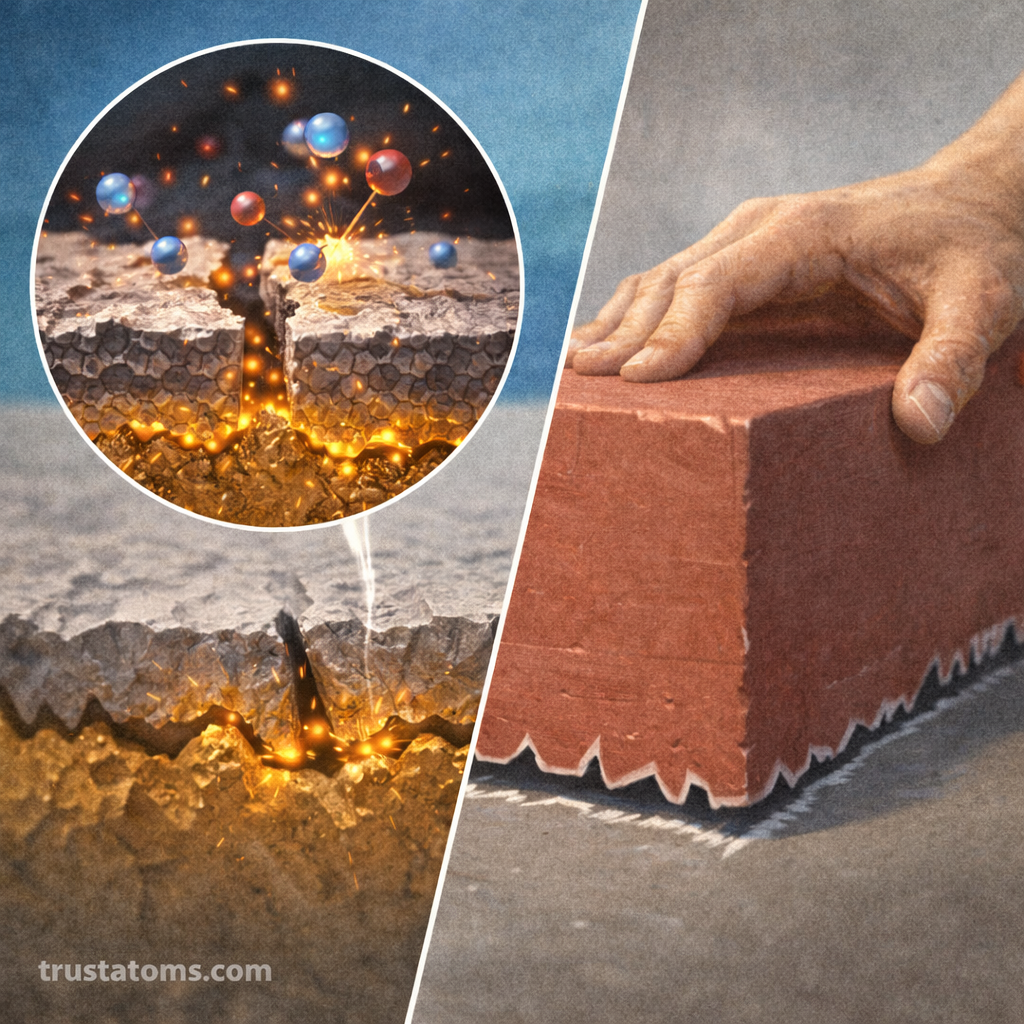 Split illustration showing microscopic rough surface contact on one side and a hand pushing a textured block across a surface on the other, demonstrating how friction occurs between touching surfaces, with trustatoms.com watermark.