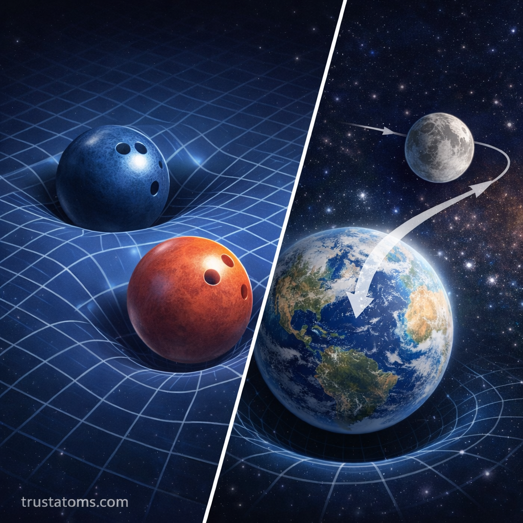 Split diagram showing a curved surface analogy and Earth pulling the Moon in orbit to illustrate how gravity bends space, with trustatoms.com watermark.