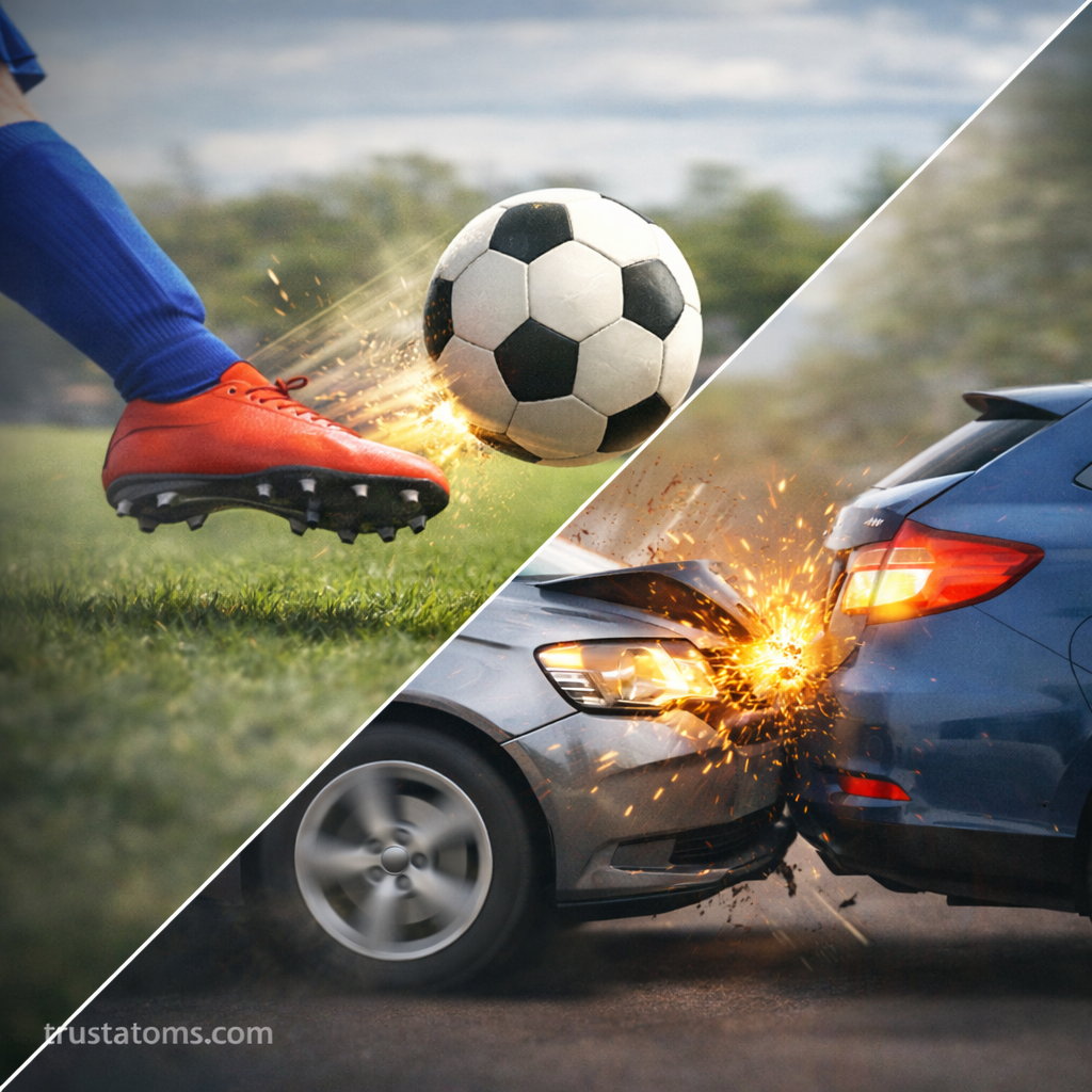 Diagonal split illustration showing a soccer ball being kicked and a rear-end car collision to demonstrate impulse and momentum transfer, trustatoms.com.