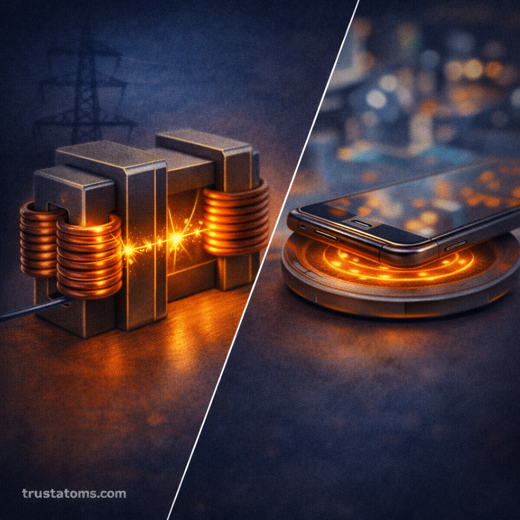 Diagonal split illustration showing a transformer with copper coils on one side and a smartphone wirelessly charging on the other, demonstrating inductance in action.