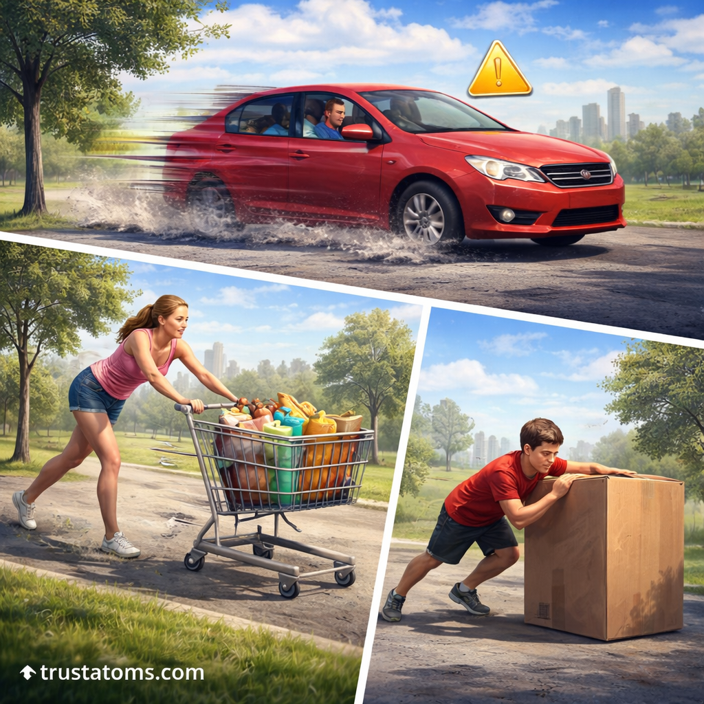 Illustration showing examples of inertia including a car braking suddenly, a woman pushing a shopping cart, and a boy pushing a heavy box.