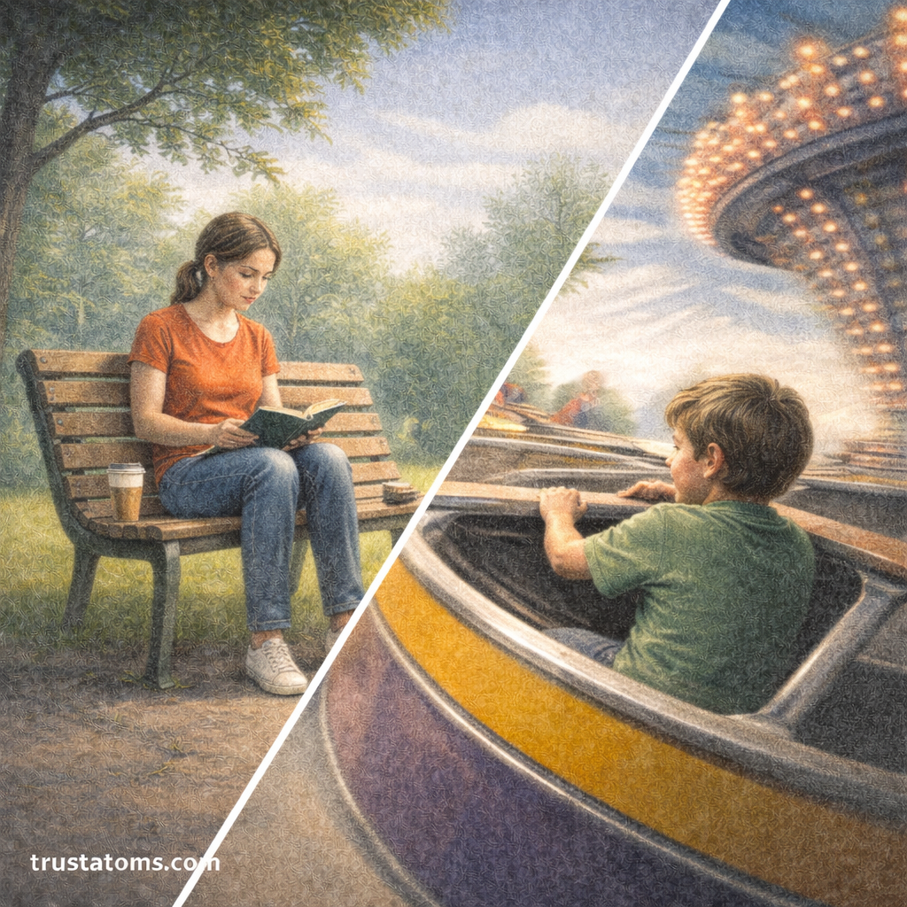 Split illustration showing a person sitting calmly on a park bench and a child riding a spinning amusement ride, representing inertial and non-inertial reference frames, with trustatoms.com watermark.