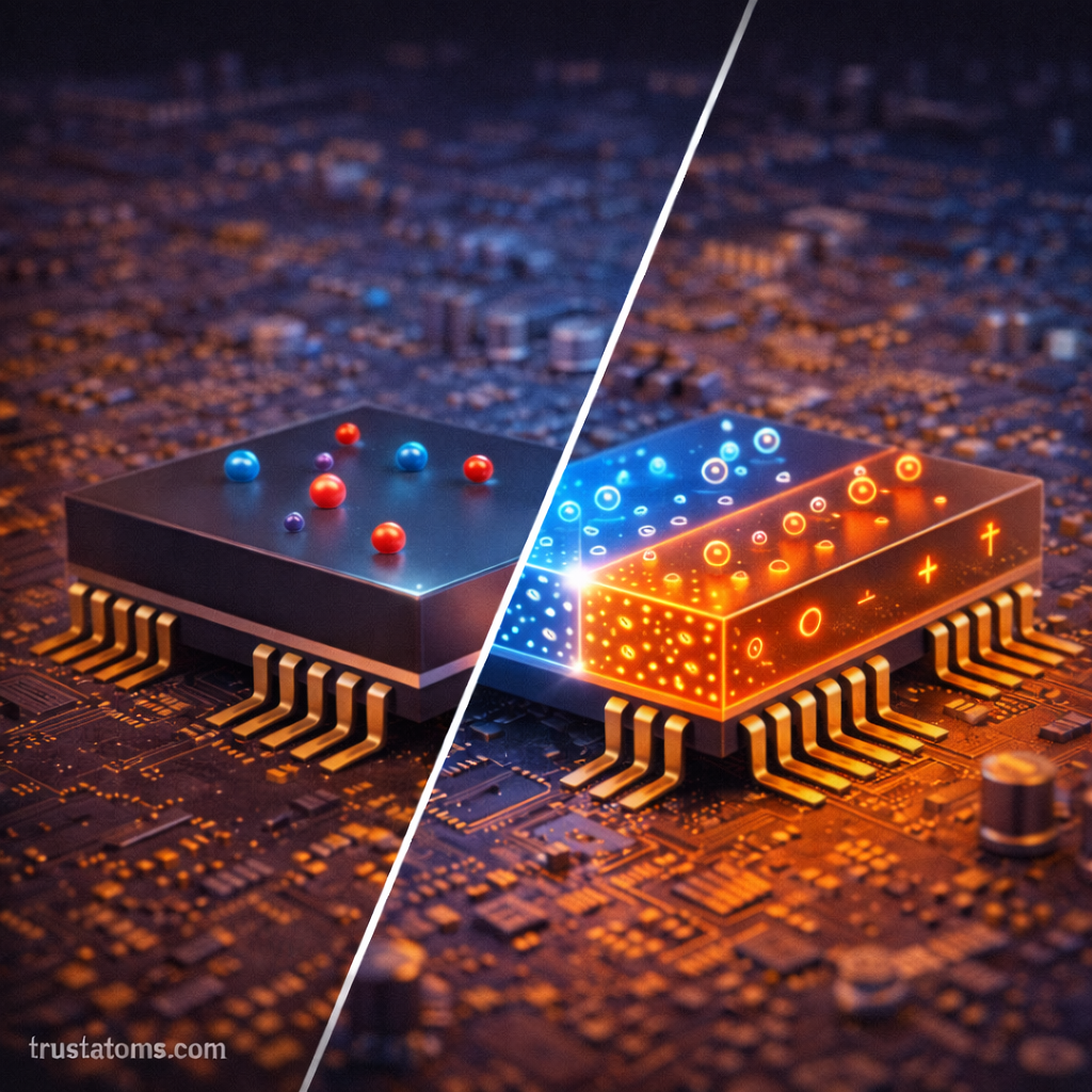 Diagonal split illustration comparing intrinsic semiconductor material and doped p-type and n-type semiconductor regions on a microchip.