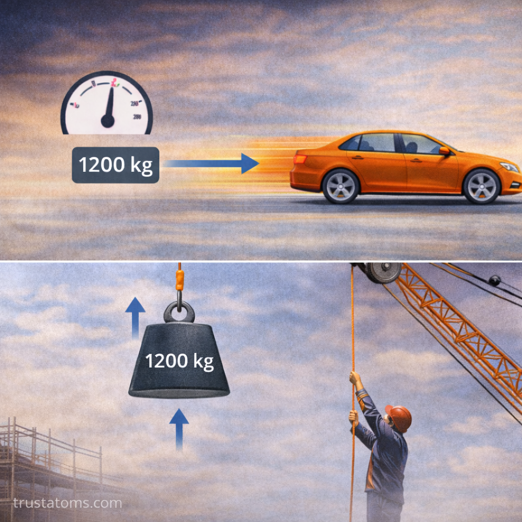 Split illustration showing a moving car and a lifted weight to compare motion and energy concepts with trustatoms.com watermark.