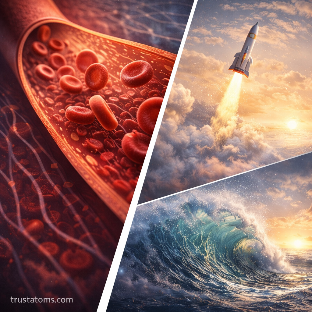 Diagonal split illustration comparing smooth laminar blood flow inside an artery with turbulent ocean waves and a rocket launch, representing different fluid flow regimes.