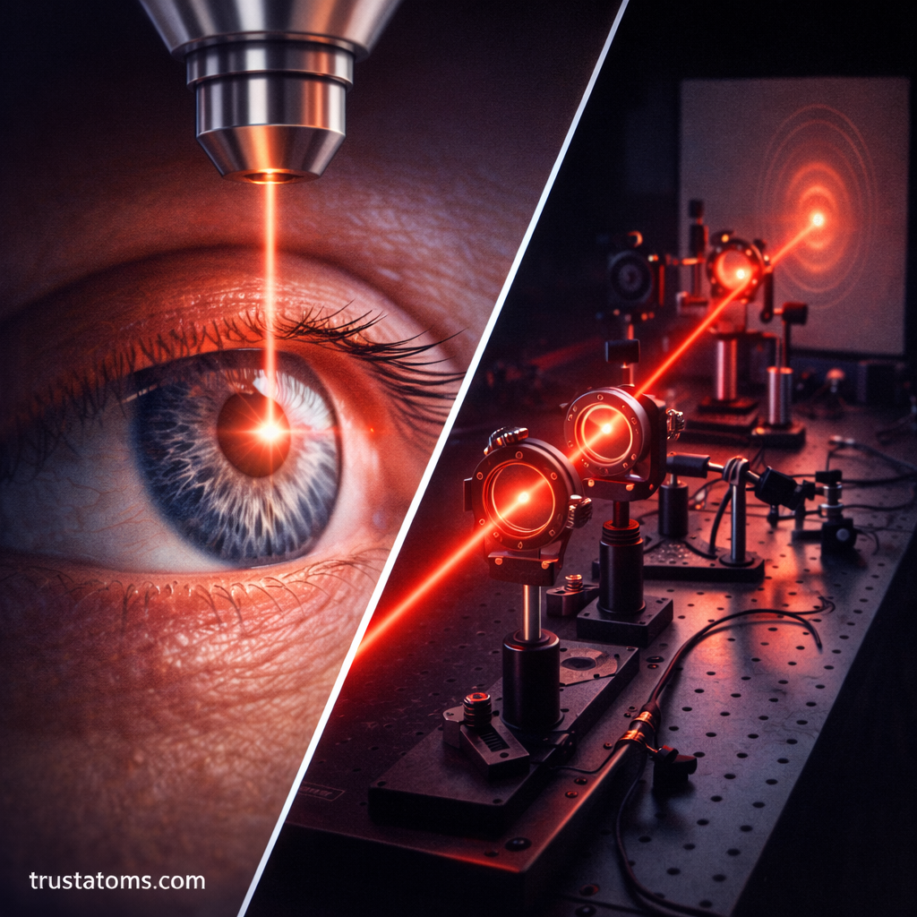Diagonal split illustration showing a medical laser procedure on an eye and a laboratory laser optics setup with precision instruments.
