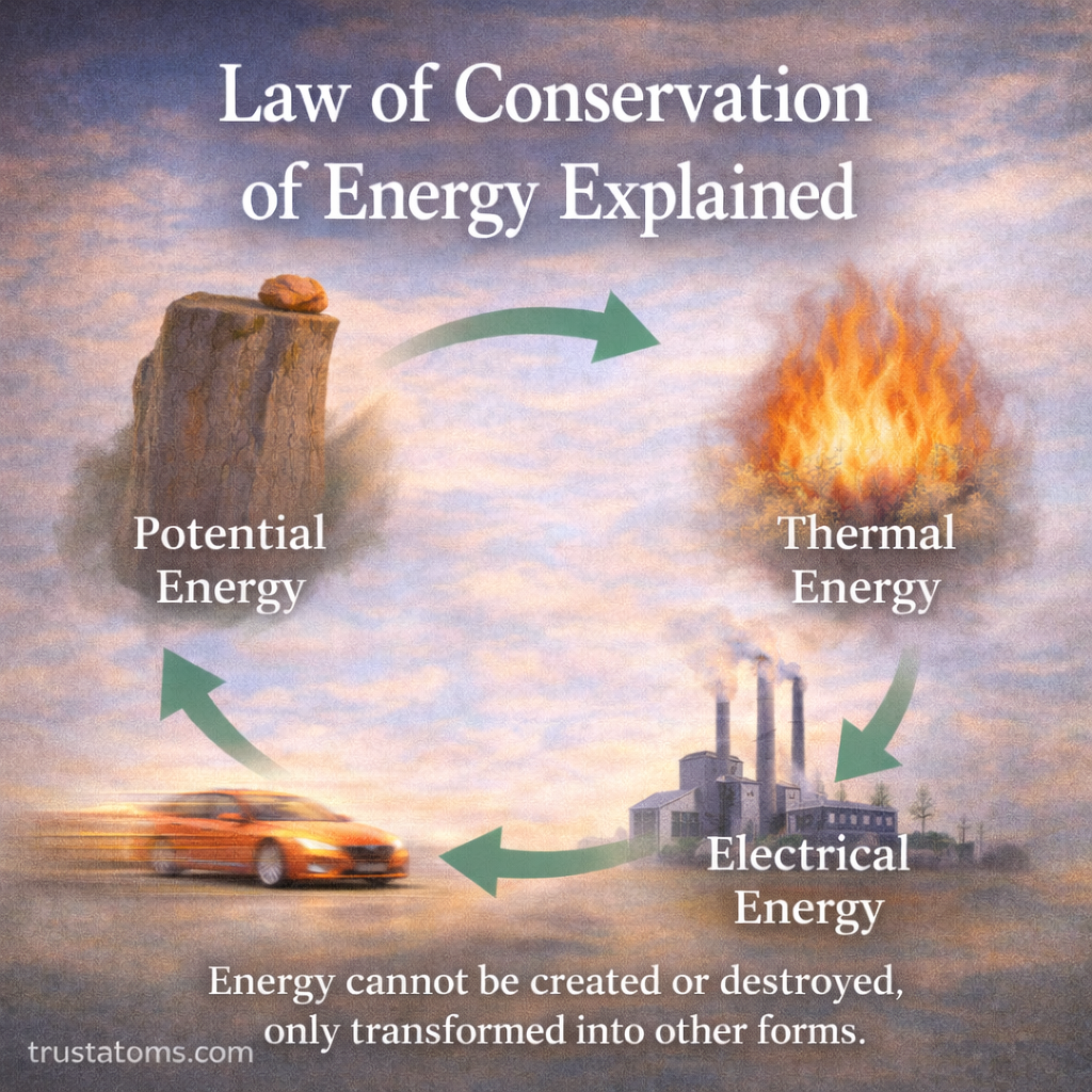 Educational physics illustration showing transformation between potential, kinetic, thermal, and electrical energy in a conservation cycle.